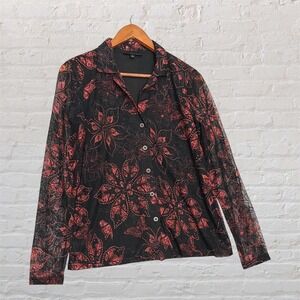 Jane  Delancey Red Butterfly Mesh Lace Button Down Blouse Small Black Floral Top